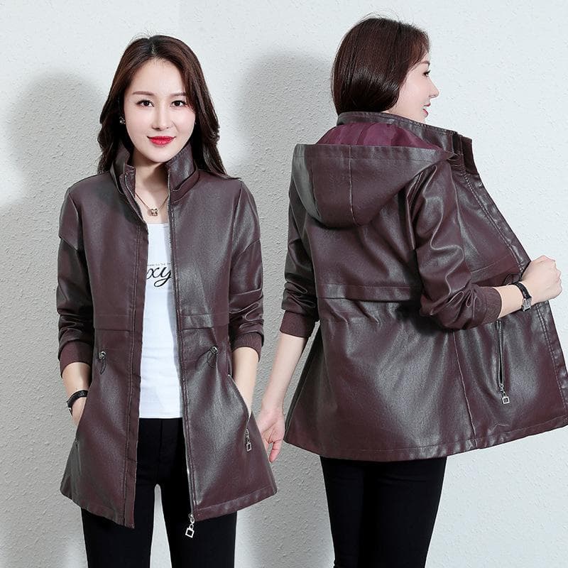 Women 'S Leather Jacket Mid -Length Coat Casual Leather Jacket XL maroon