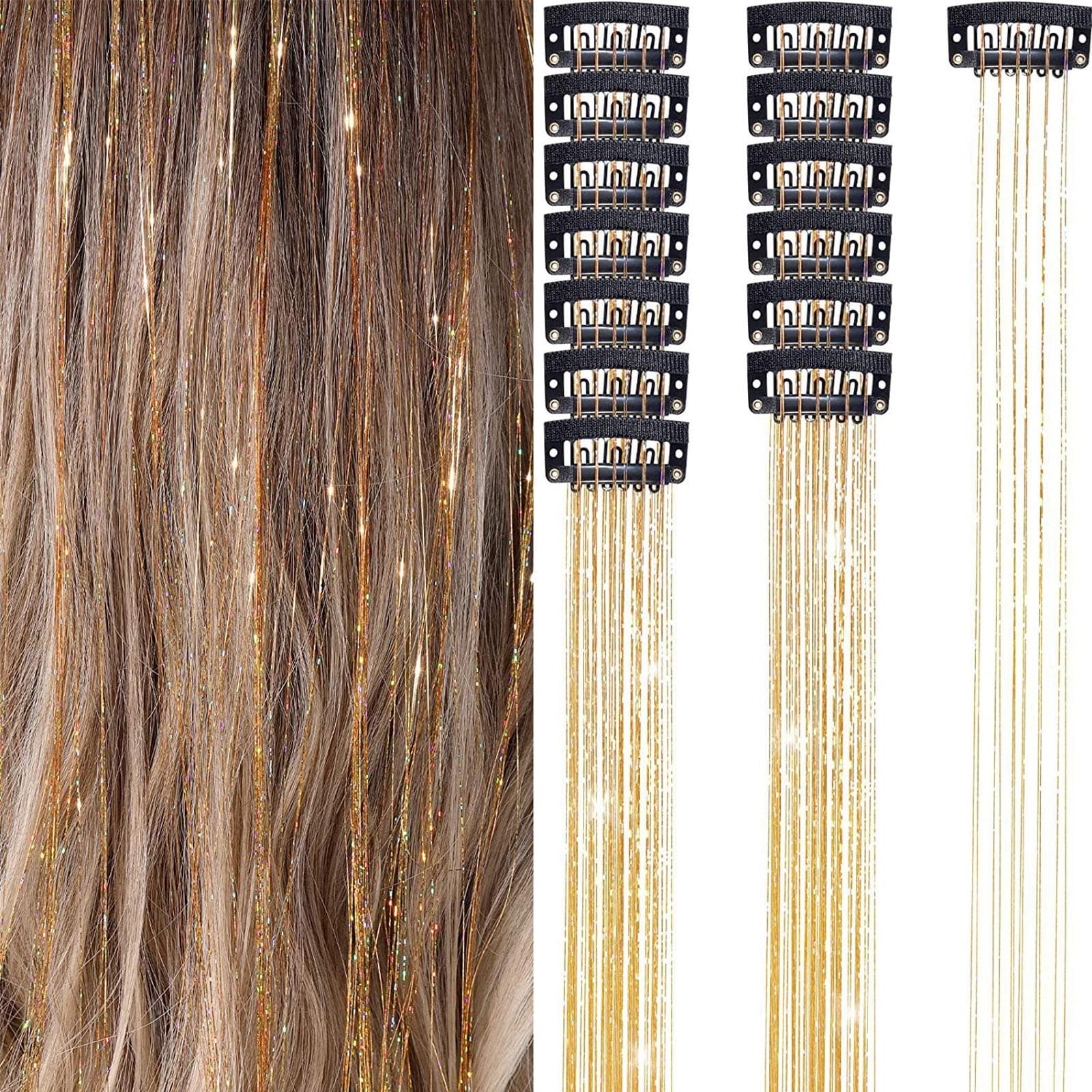 6PCS Clip in Hair Tinsel Set 19.6 Inch Fairy Wig Piece Sparkling Hair Accessories Glitter Hair gold