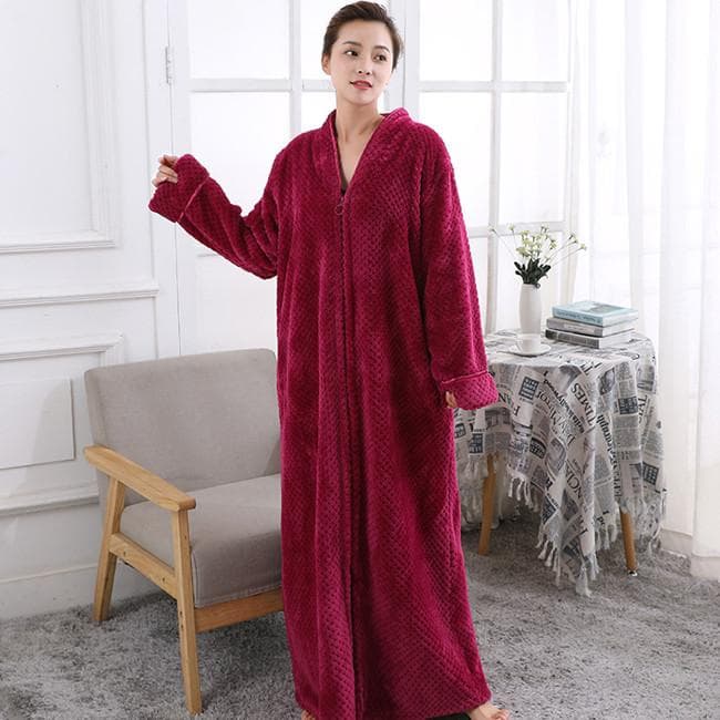 Women's Comfortable Zipper Long Pajamas Bathrobe Loungewear Fleece Pajamas Women's Towel Bathrobe L