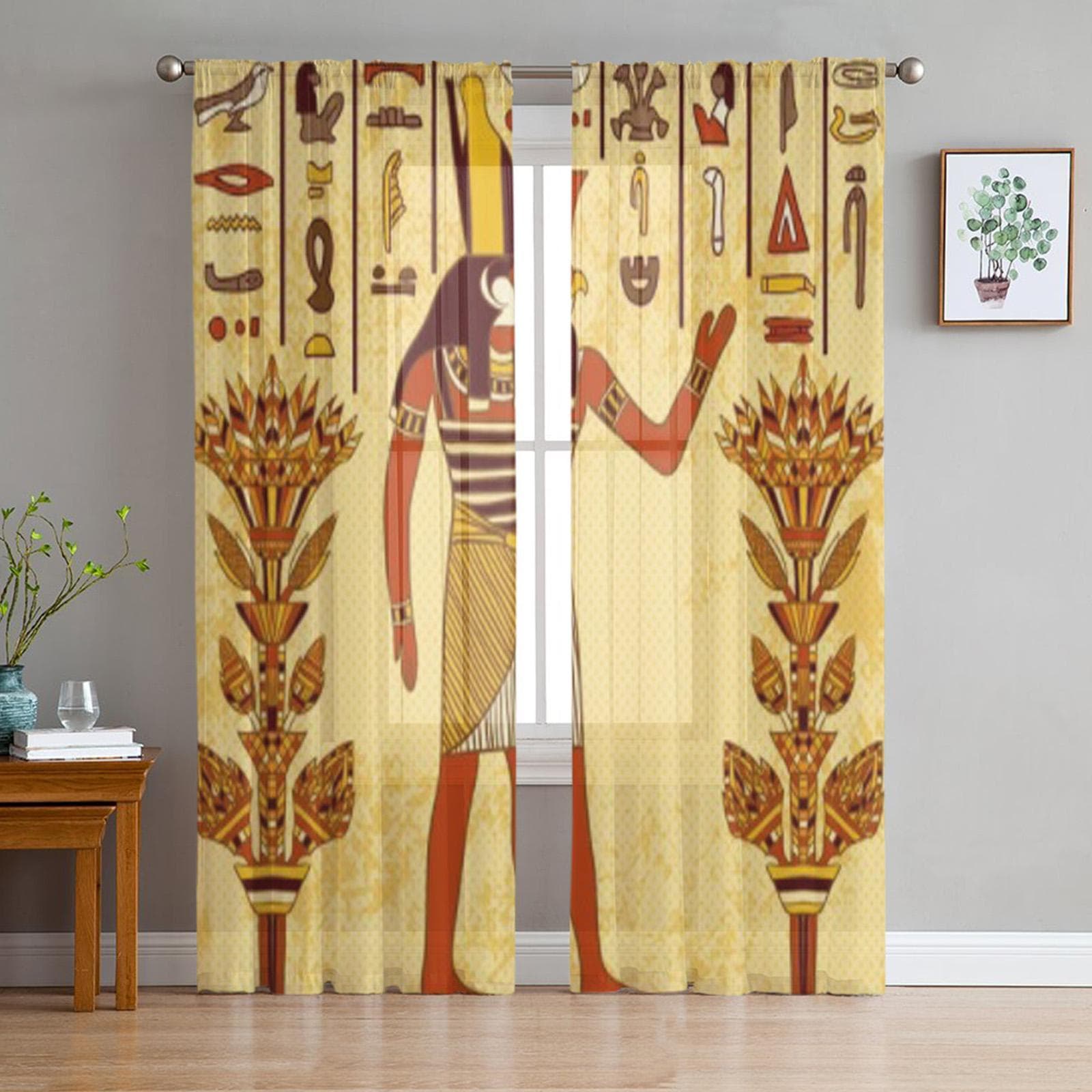 Vintage Poster With Egyptian God On The Grunge Sheer Curtains for Living Room Tulle Window Curtain Bedroom Kitchen Veil Drapes 135W x 114H(cm)