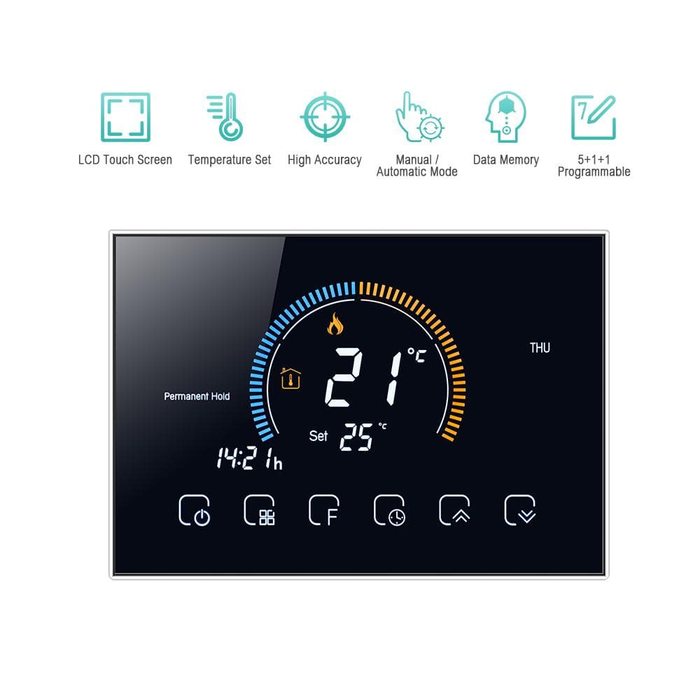 95-240V Wi-Fi Smart Programmable Thermostat 5+1+1 Six Periods Voice APP Control Backlight LCD Non-wifi black