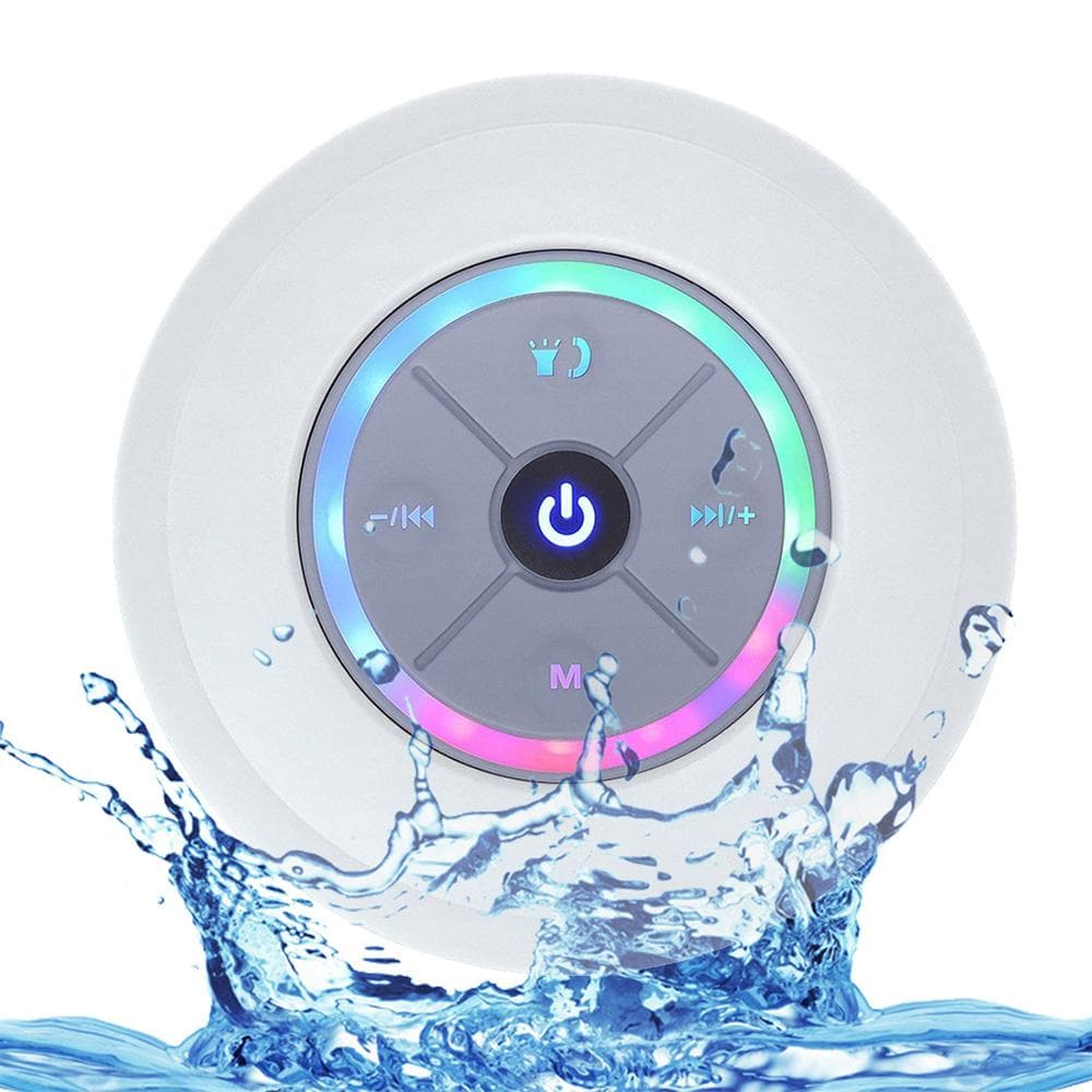 Mini Wireless BT Shower Speaker IPX4 Waterproof Portable Speakers with LED Light FM Radio Loud white