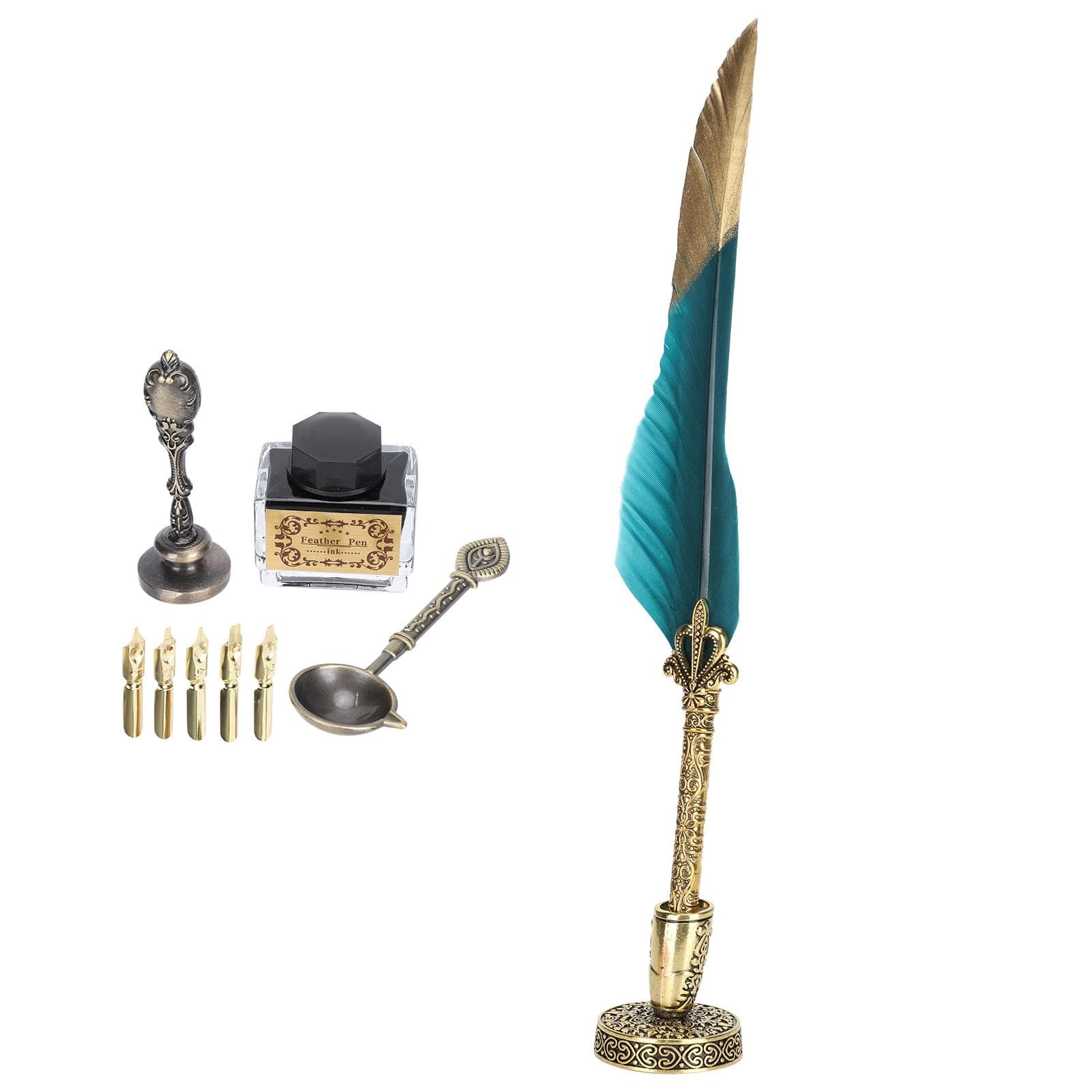 Feather Pen Set Gold Head Dipped Water Vintage Writing Tool Retro Calligraphy GiftGreen green