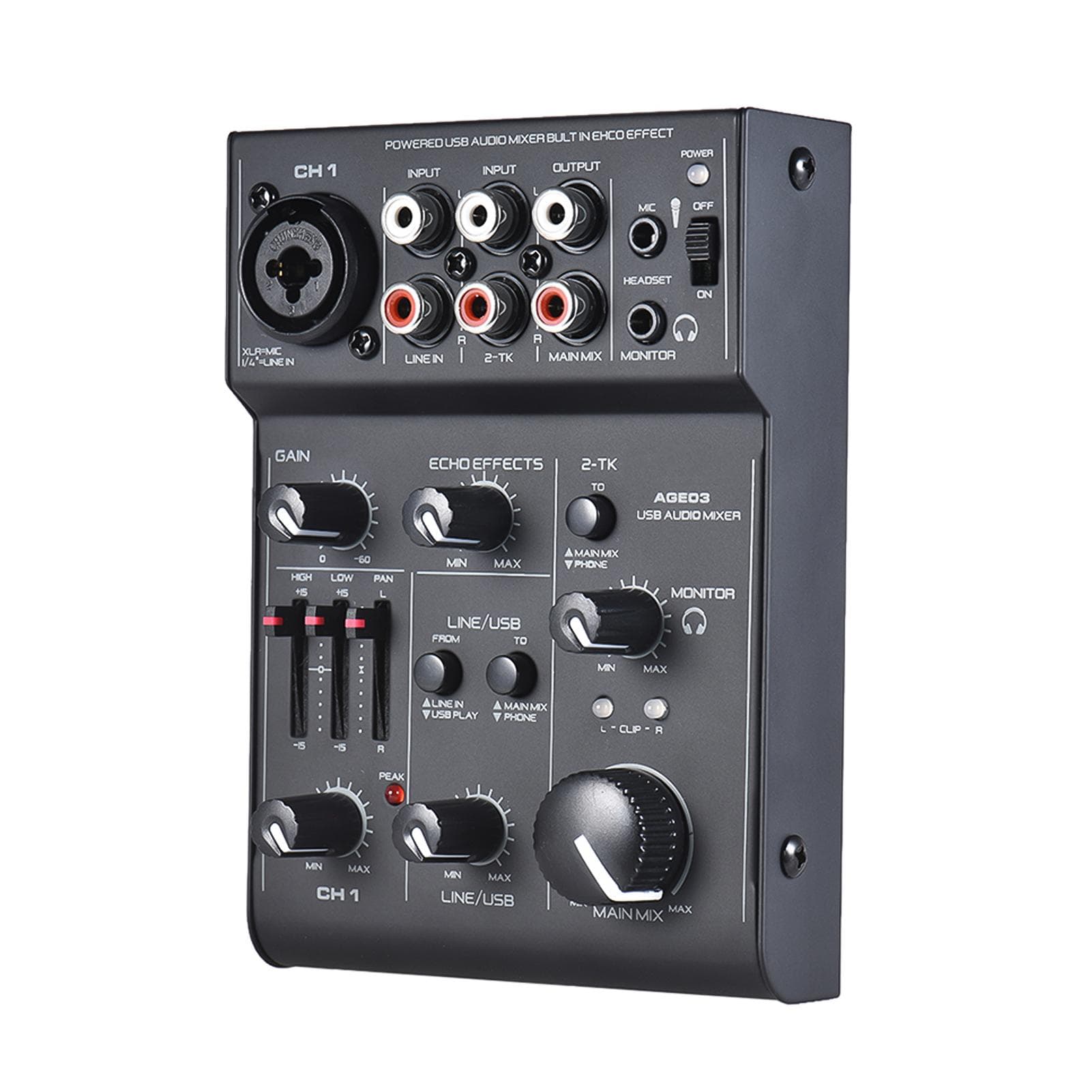 AGE03 5-Channel Mini Mic-Line Mixing Console Mixer with USB Audio Interface Built-in Echo