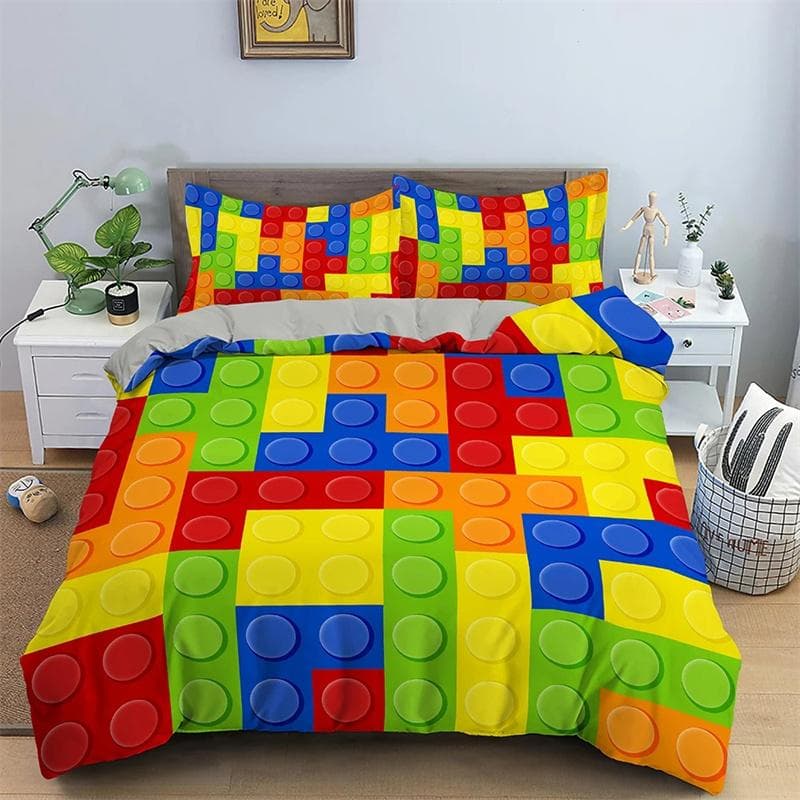 Colorful Toy King Queen Duvet Cover 3D Building Block Pattern Bedding Set Fun Brick Quilt Cover Gradient Rainbow Comforter Cover 135X200cm-2pcs