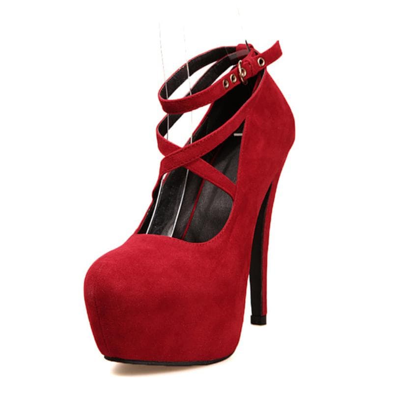 Shoes Woman Pumps Cross-Tied Ankle Strap Wedding Party Shoes Platform Dress Women Shoes High Heels Suede Ladies Shoes Plus Size 37 red