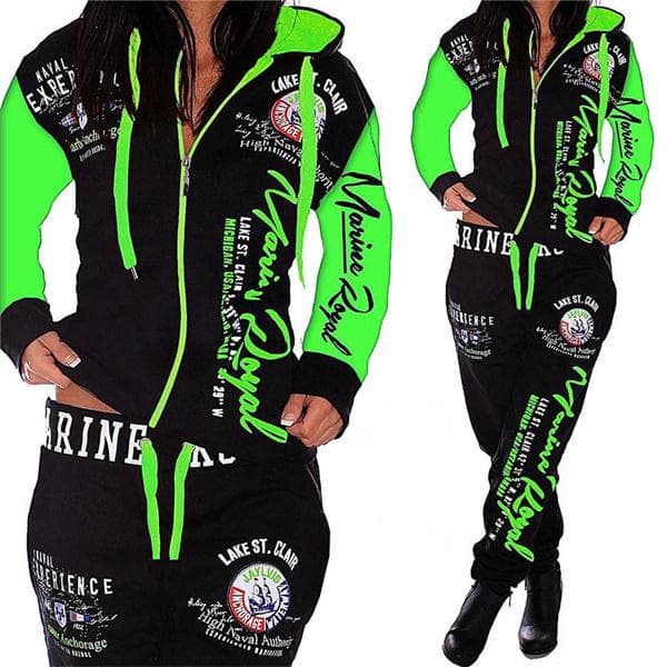 Fashion Women Clothing Women Hooded Tracksuit Printing Fashion Sets Sportswear Athletic Sets S green/black