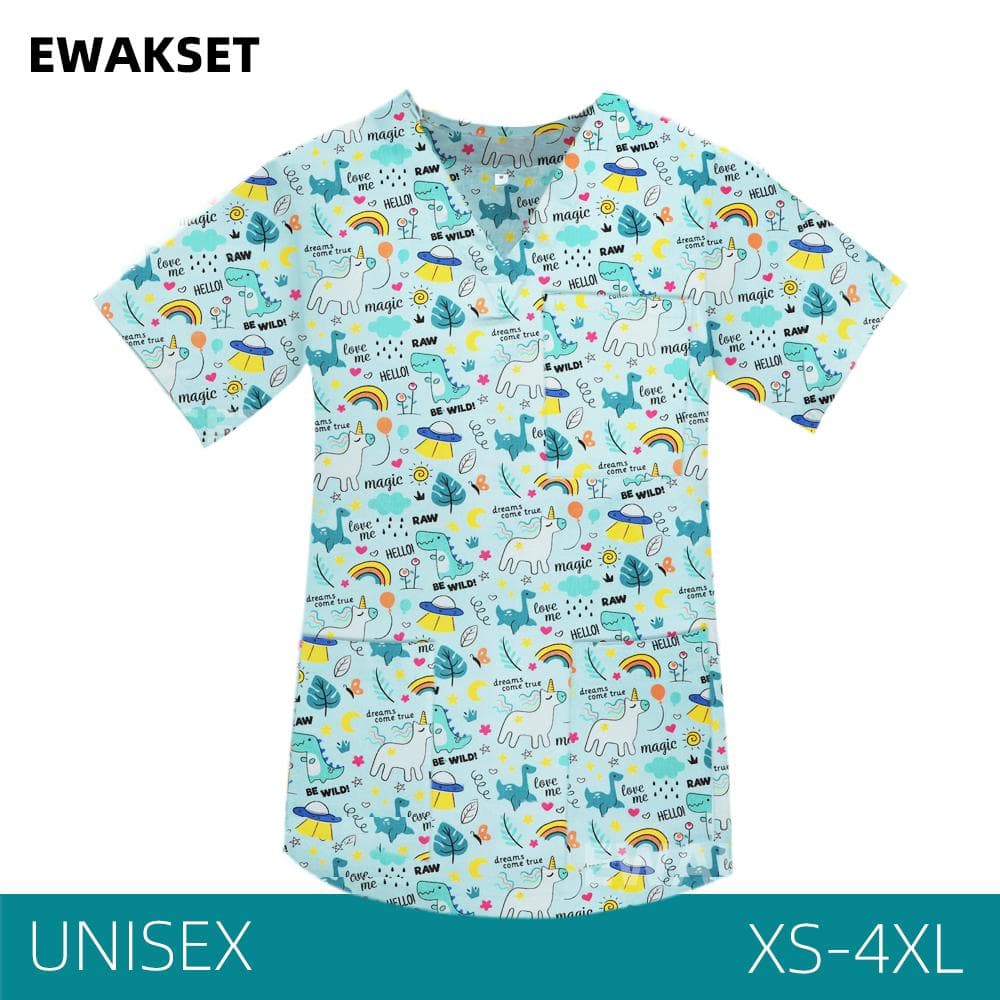 Medical Scrub Tops Women Men 100%Cotton Nurse Doctor Working Uniforms Cartoon Printed M