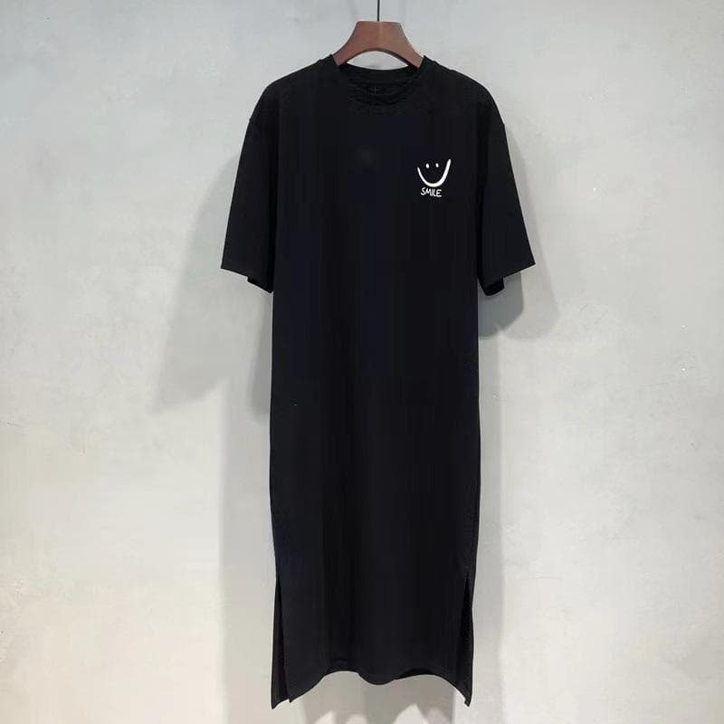 Women's Summer Short Sleeved T-shirt Dress Loose Mid Length Over Knee Dress M black