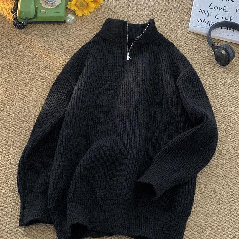 Autumn Winter New Fashion Long Sleeve Stand Up Collar with Half Zipper Sweaters Men's Clothing Casual All-match Knitting Tops XL black