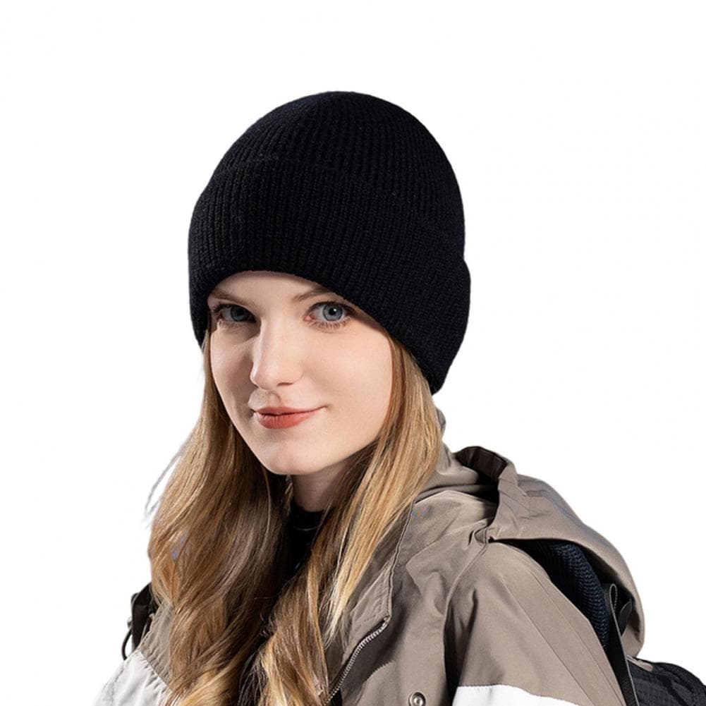 Winter Unisex Hat Knitted Thick Stretchy Piled Hat Solid Color Ear Warm Daily Wear Cap Outdoor Skiing Skating Headwea black