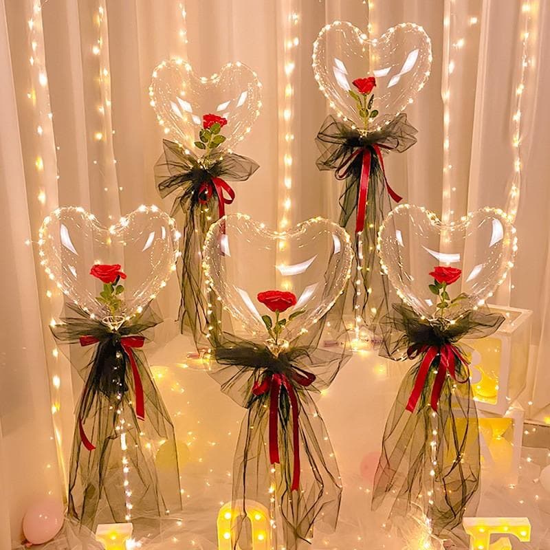 1pc Led Heart Rose Bobo Balloons Valentine's Day Light Up Bubble Balloons Inflatable Balls Wedding Decoration for Guests 12 inch
