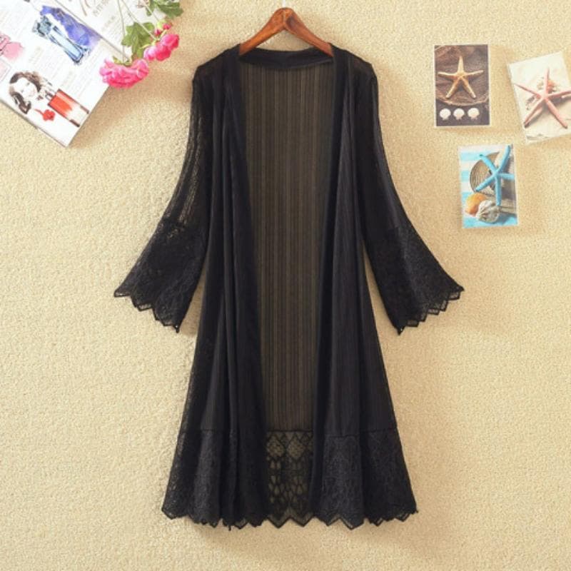 Cardigan Lace Shirt Women's Medium Length Summer Loose Air Conditioned Shirt Wrapped with Sunscreen Clothing Shawl Thin Coat Women XL black