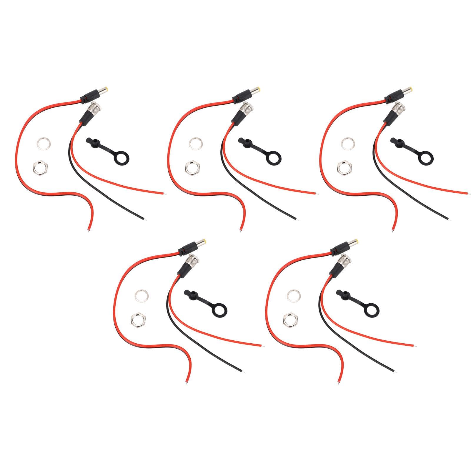 5 Sets 5.5x2.1mm 10A Power Jack Cord Socket Threaded Female Mount Connector Wire Adapter with