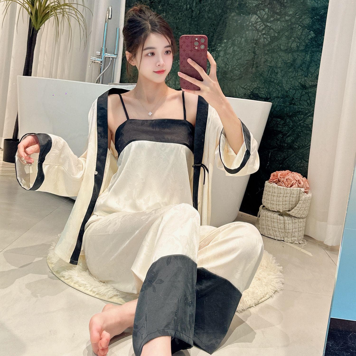 Spring and Summer Ice Silk Jacquard Long-sleeved Three-piece Retro Pajamas for Women with Antique Fashion Elements for Home XL beige