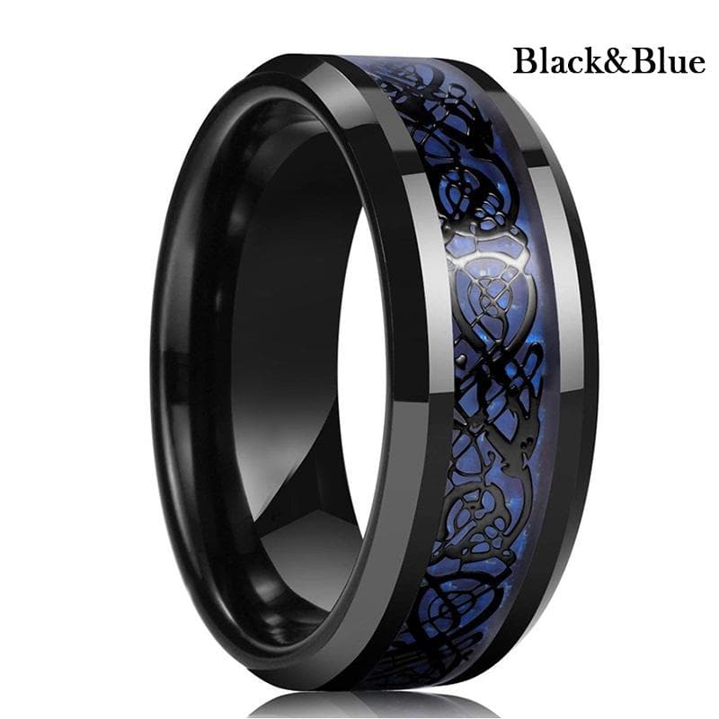 8 Colors 8mm Men's Stainless Steel Dragon Ring Inlay Red Green Black Carbon Fiber Ring Wedding Band Jewelry Size 7-12 10 blue/black