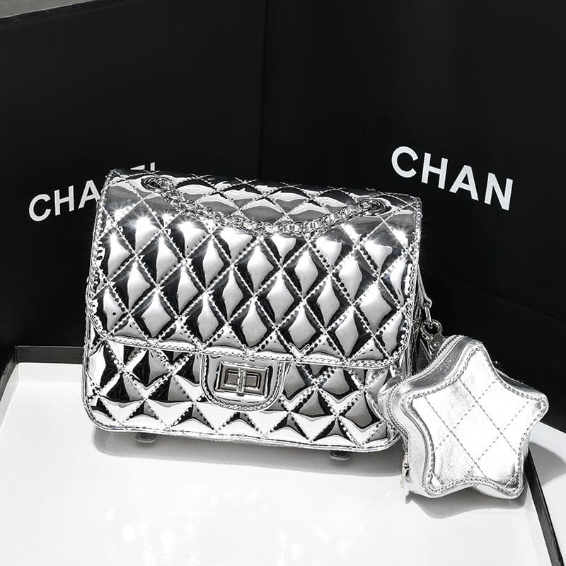 Small Fragrant Wind Star Diamond Chain Diagonal Span Bag Spring A Variety of Back Method Fashion Single Shoulder Small Square Women's Bag silver
