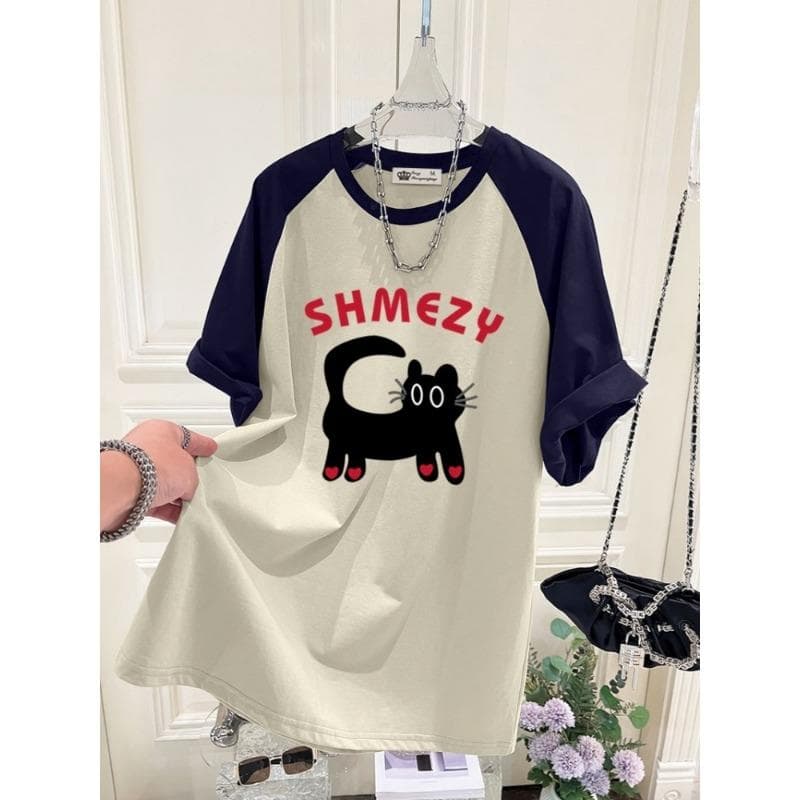 New Summer Korean Version Cartoon Cat Love Large Version Loose Contrasting Color Rag-sleeved Short-sleeved T-shirt for Women XXXL