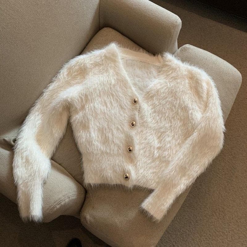 Vintage Cropped Mohair Knitted Cardigan Women V Neck Sweater Coat Streetwear Korean Black White Knitwear Solid Slim Jumpers L white