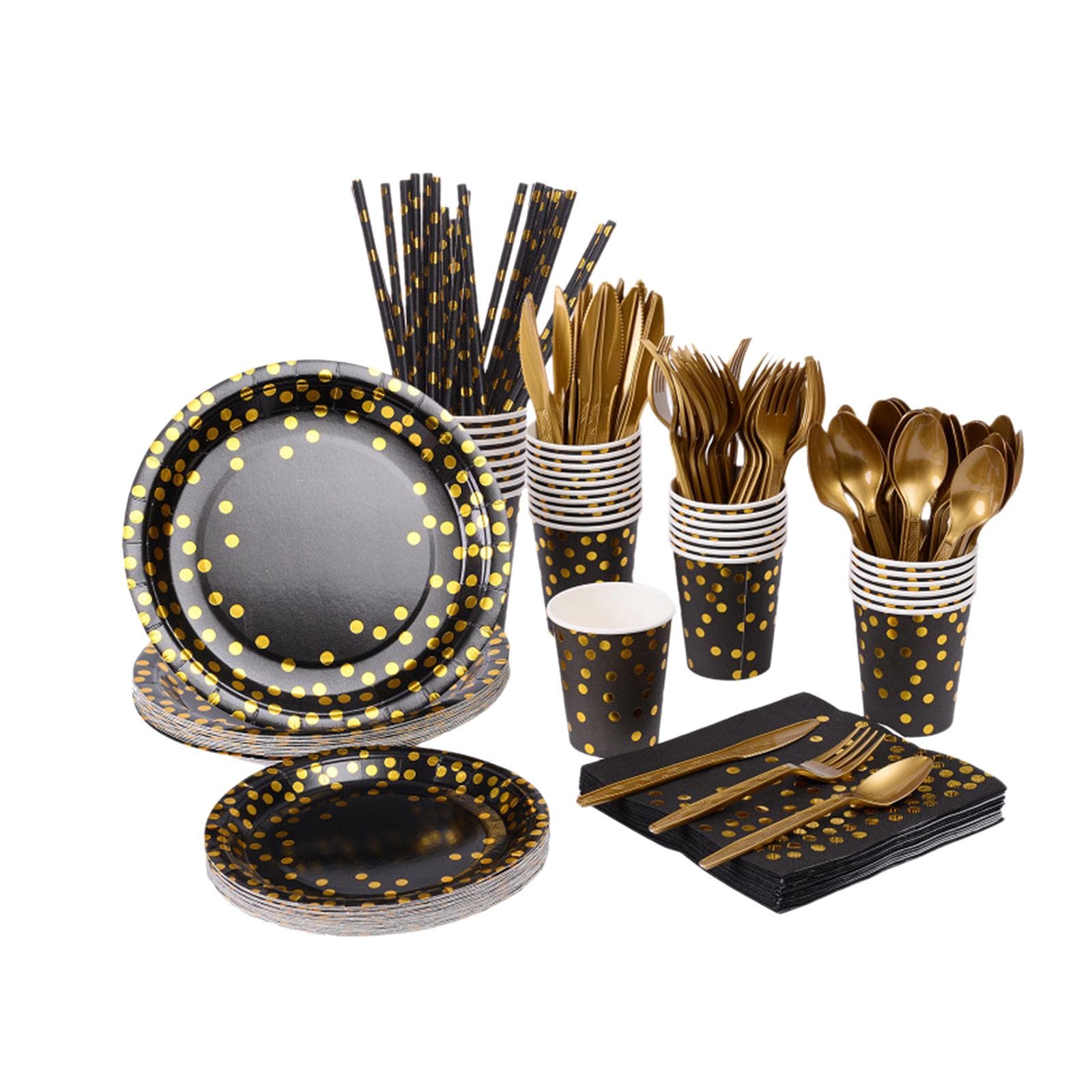 Disposable Tableware Set for 25 Guests Disposable Paper Birthday Dinnerware Plates Forks Knives black