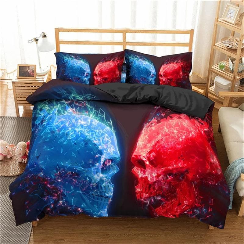 Sugar Skull Duvet Cover Cartoon Skeleton Blue Car for Kids Teens Adults Halloween Day of The Dead Quilt Cover Bedroom Decoration 135x200cm 2pcs