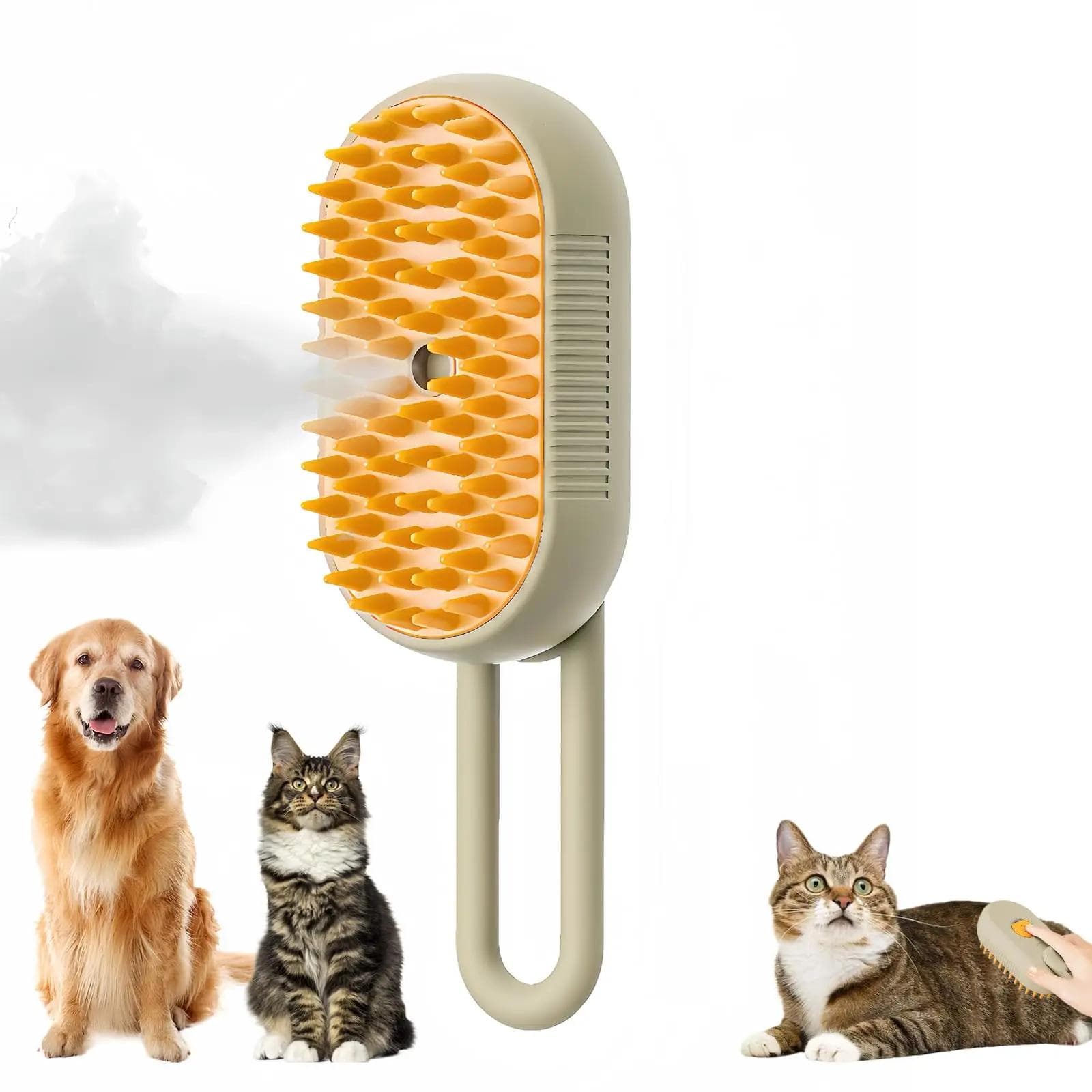 Cat Dog Pet Spray Massage Brush 3 in 1 One Button Steam Spray Folding Rotatable Floating Hair Bath Hair Removal Brush Comb coffee