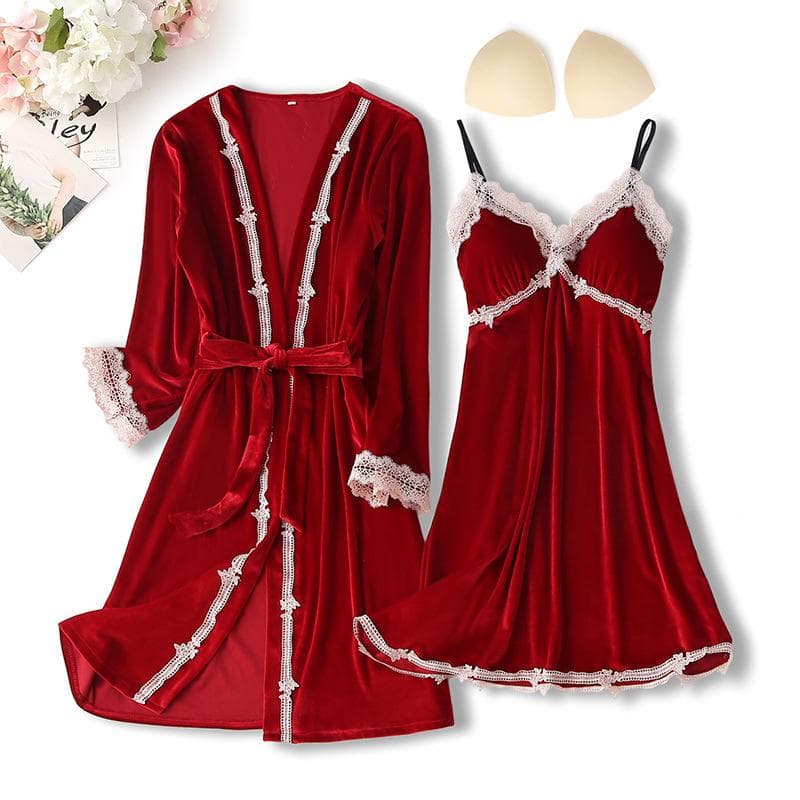 New Autumn Velvet Pajamas Two-piece Robe Set Feminine Lace See-through Robe Bathrobe Casual Velvet Home Clothes XL