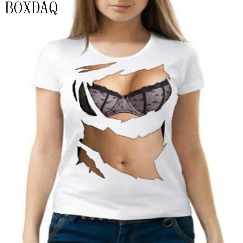 Women Summer Cool T-Shirts Sexy Perspective 3D boobs Print Short Sleeve Ladies T Shirt Summer O-Neck Breast Pattern Street Tops 6XL