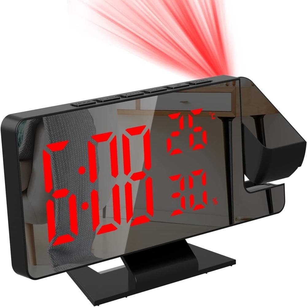 180° Flip Projection Digital Alarm Clock Temperature Humidity Night Mode Snooze 12/24H USB Plug-in Projector Table LED Clock red