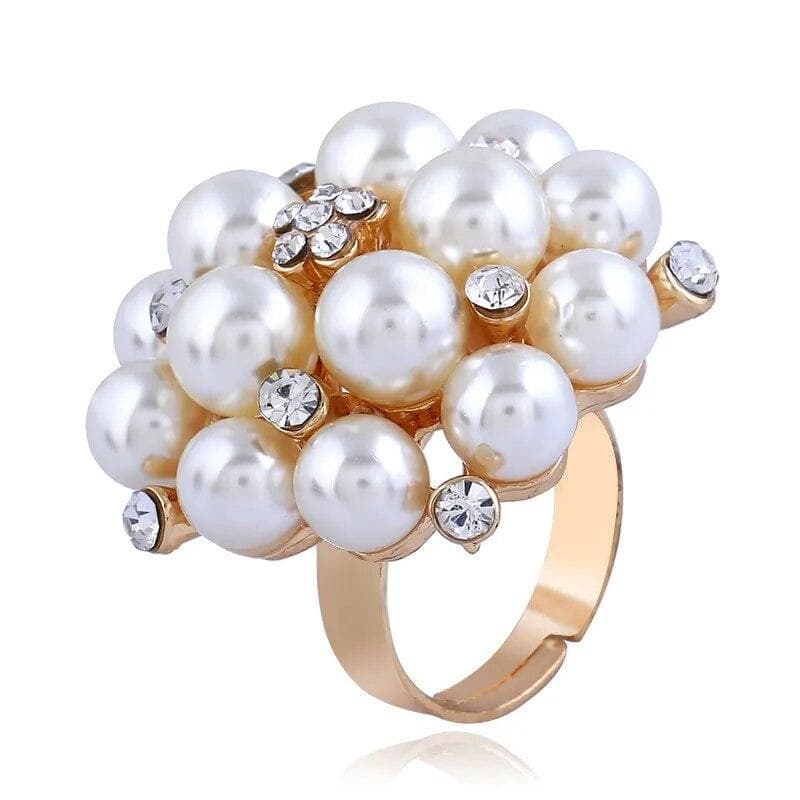 Opening Adjustable Pearl Cluster Ring - Fashion Jewelry Gift with White Simulation Pearls gold