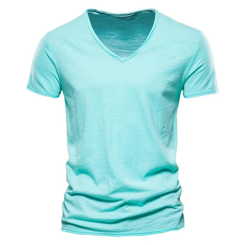 AIOPESON Summer 100% Cotton Elasticity T Shirt Men Casual Soft Fitness Shirt Men T Shirt Tops Tee Shirts V-Neck Short Sleeve Tshirt Men light green