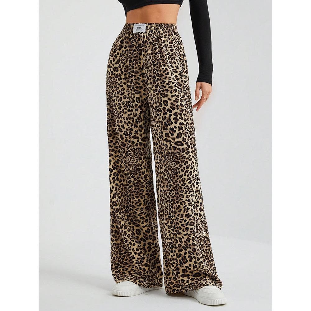 Leopard print casual pants spring and autumn new straight high waist loose wide leg trousers XL