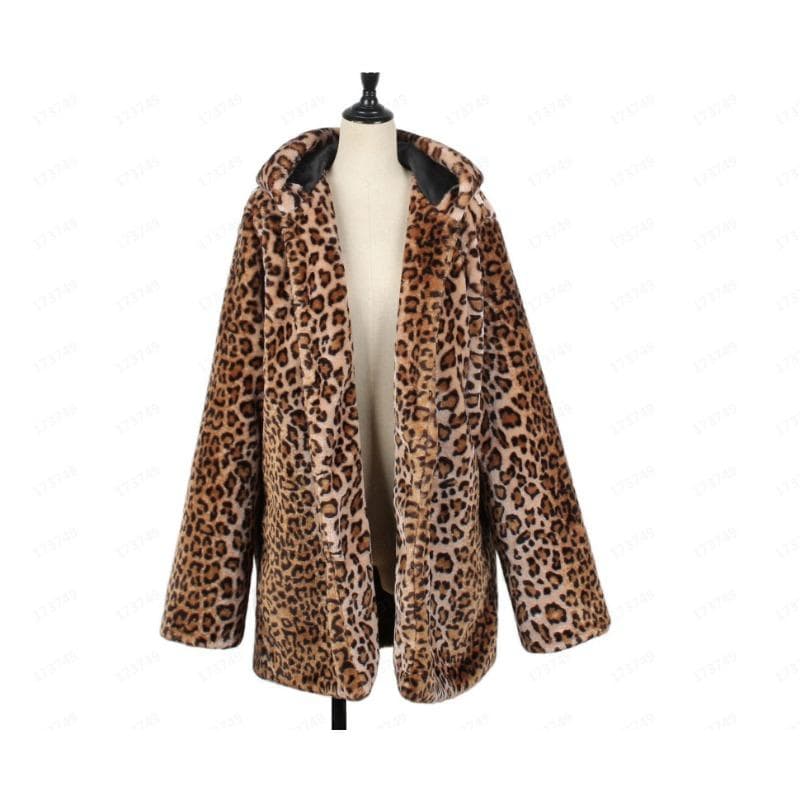 Winter Faux Fur Coat Hooded Leopard Print Luxury Warm Women Jackets Women's Coats Fashion Jacket L leopard