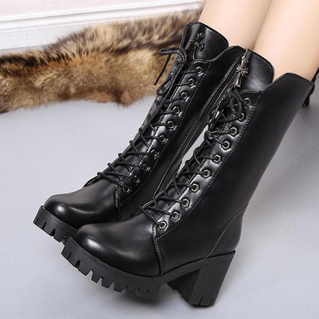 Fashion Women Winter Shoes Mid Heel Mid Calf Motocycle Platform 38 black
