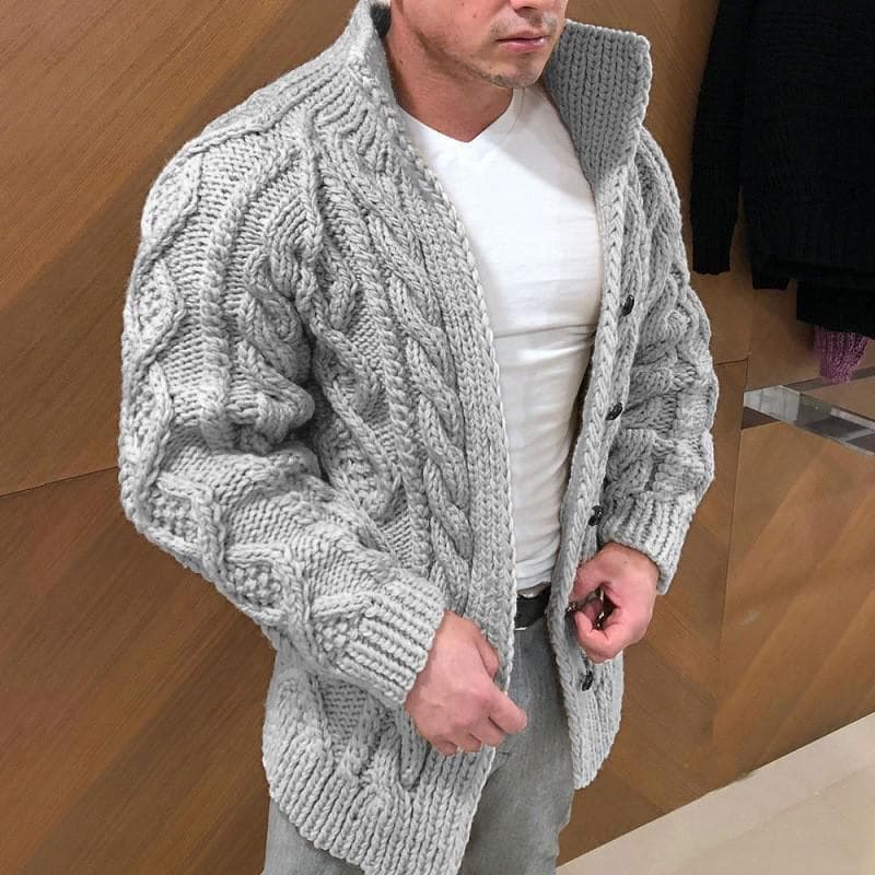 2022 Men's European & American Cross-Border Jacquard Cardigan Sweater, Heavy Long-Sleeved Stand Collar XXL light gray