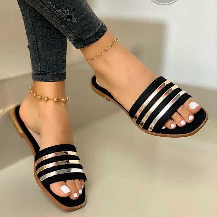 Summer Beach Flat Sandals Women Fashion Comfortable Slippers Summer Lazy Outdoor Sexy Anklet Golden Wedge Sandals Ladie 35 black