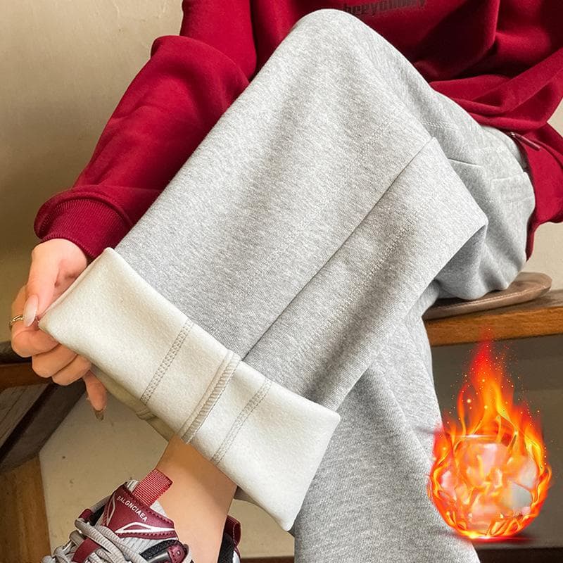 Fleece Wide-leg Pants Women's Autumn and Winter High-waisted Drawstring Embroidered Thickened Warm Casual Sports Trousers 2XL light grey