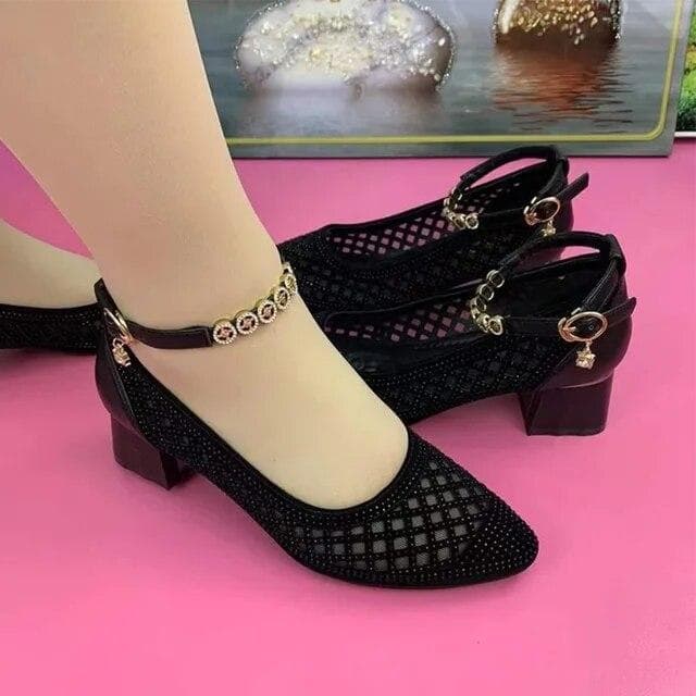 High Heels Crystal Luxury Women Shoes Spring Dress Shoes Summer Sandals Fashion Retro Chunky Female Pumps 40 black