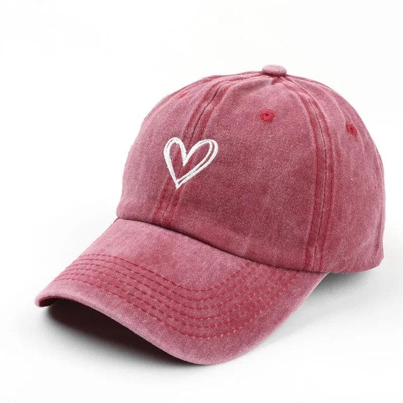 Versatile Peach Heart Embroidery Washed Old Spring And Summer Baseball Hat Women's Thin Couple Soft Top Cap Men's Tide One Size wine red
