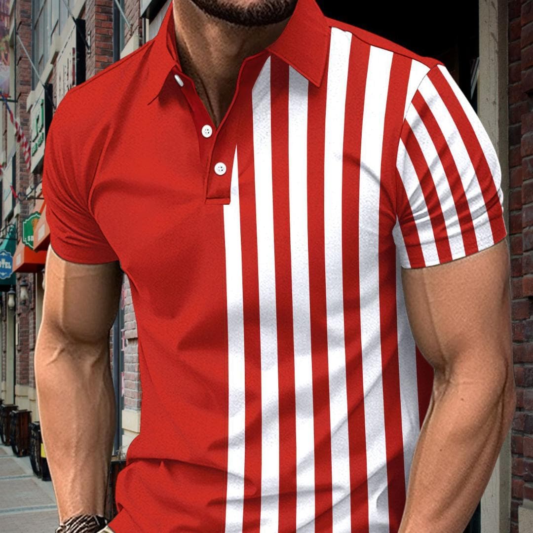 New summer new men's short-sleeved polo shirt striped printed lapel polo shirt men's T-shirt tops XXXL red