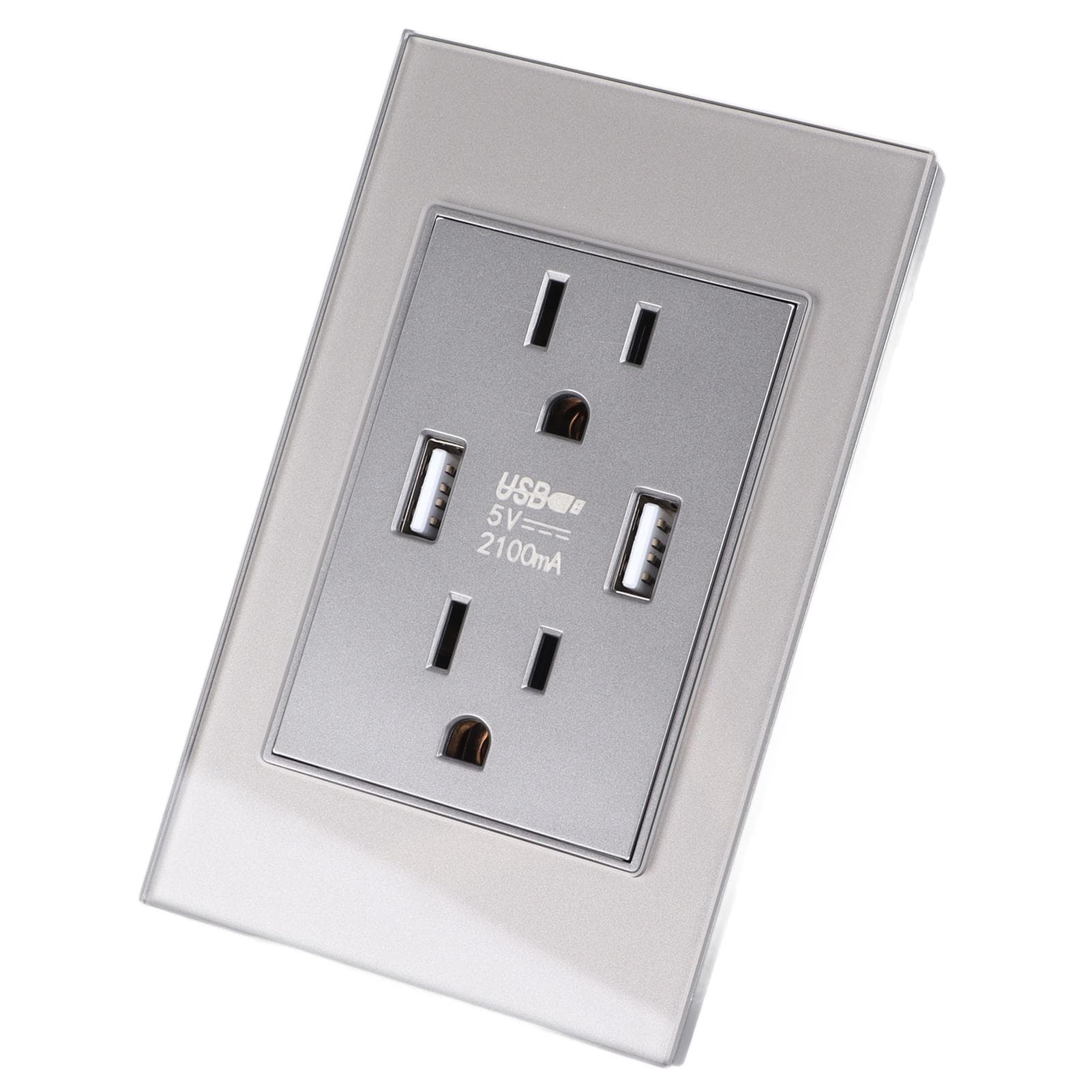 118 Series USB Socket 2.1A Tempered Glass Panel USB Plug Outlet Grey US Plug