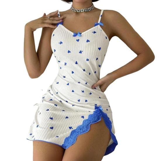 Women Nightdress Slit Hem Lace Bow Decor Backless Sleeveless Home Wear Dress M blue