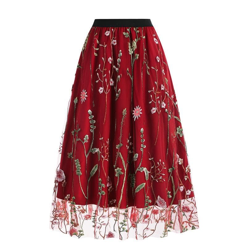 Vintage Mesh Flower Embroidered Skirt Elegant Sweet A-line Skirt For Spring Summer XL red