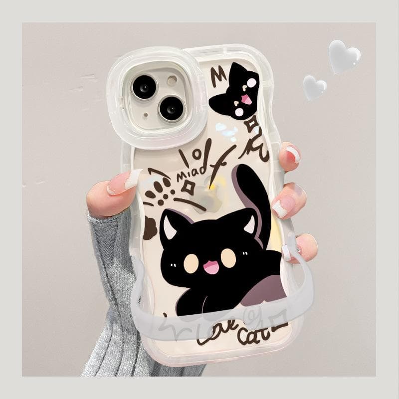 Applicable To Apple 15 Mobile Phone Case IPhone 14 Cartoon Black Cat 13 Wavy Edge 12 Invisible Double Stand Summer iphone 15 pro