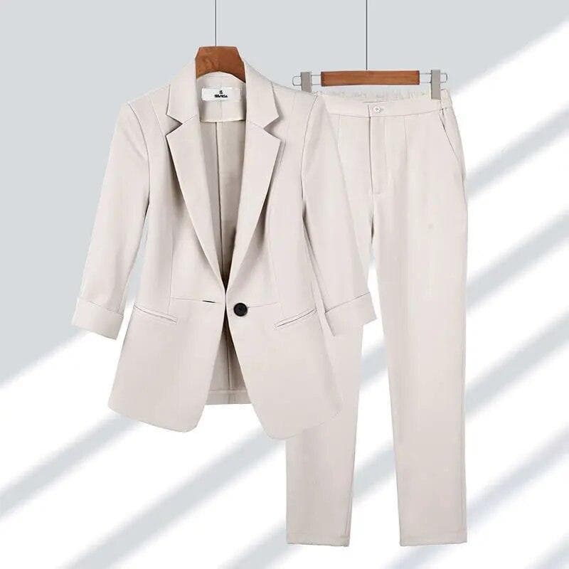 Women's Thin Office Suit Business Suit Jacket + Pants 2 Piece Set XXL beige