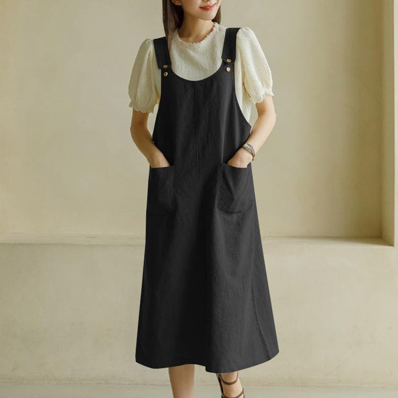 ZANZEA Women Casual U-Neck Sleeveless Pocket Loose A-Line Suspender Dress 4XL black