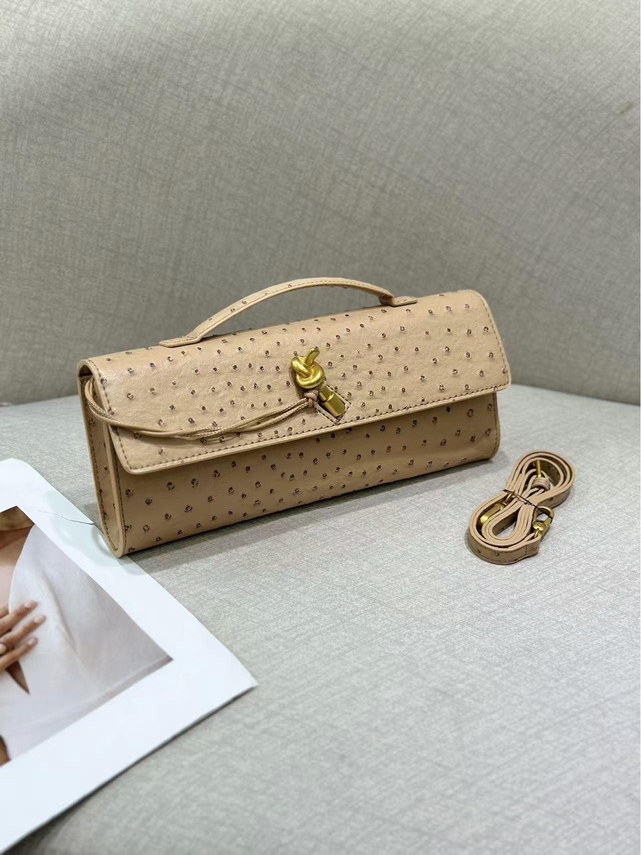 2025 Handmade Ostrich Pattern Baguette Evening Bag - Exquisite Shoulder & Crossbody Handbag Gift Box (Custom Hardware) khaki