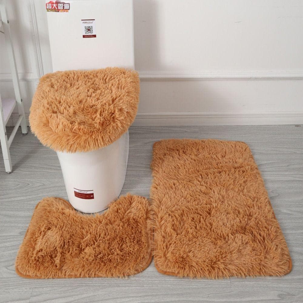 3pcs/set Fluffy Hairs Toilet Lid Cover Rugs Solid Color Shower Carpets Sets Shower Room khaki