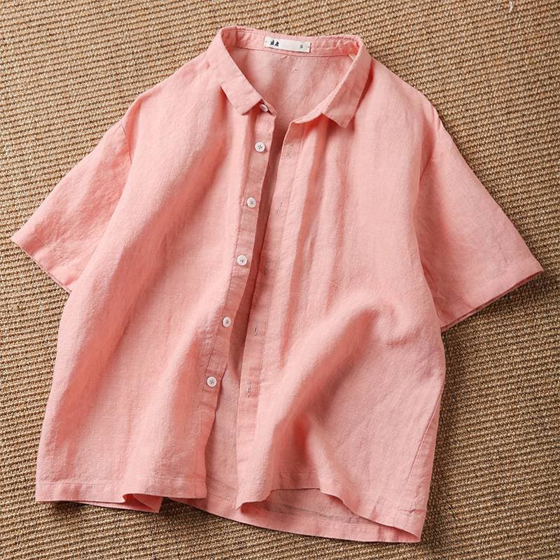 Summer Linen Thin Style Solid Color Retro Short Sleeved Shirt Top Women's Suit Collar Short Style Small Versatile Blouses & Shirts M