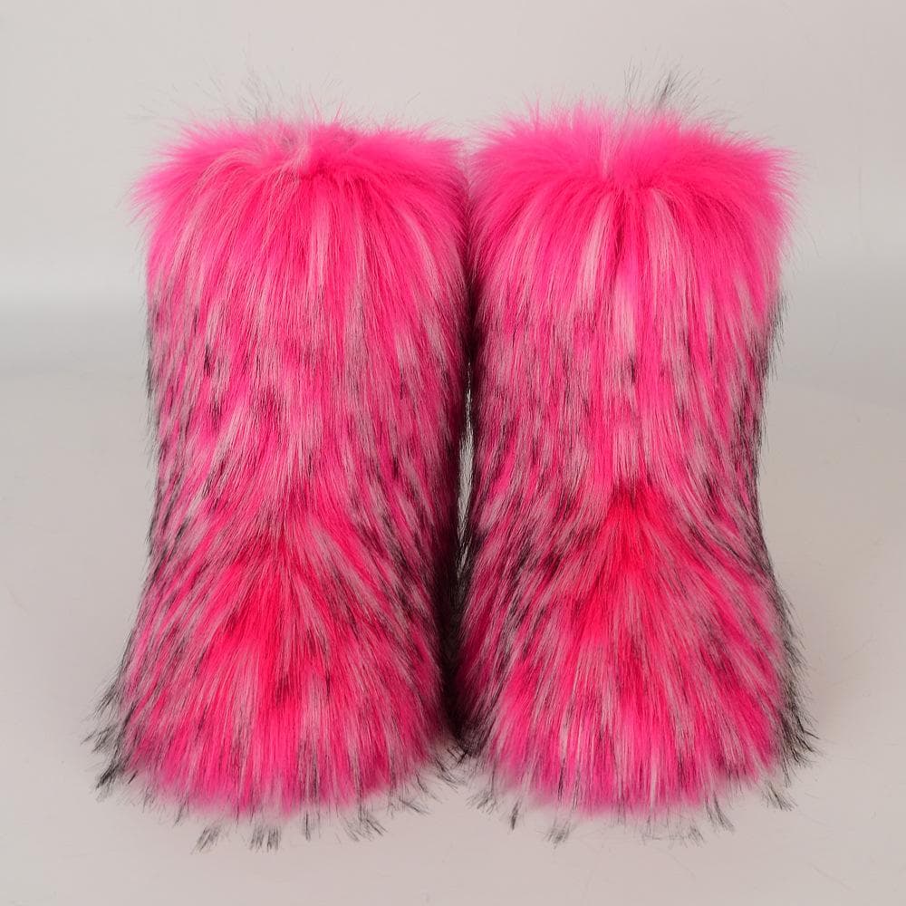 Women's New Winter Fur One-piece Imitation Raccoon Fur Warm Snow Boots Furry Shoes Outdoor Boots 38 rose red